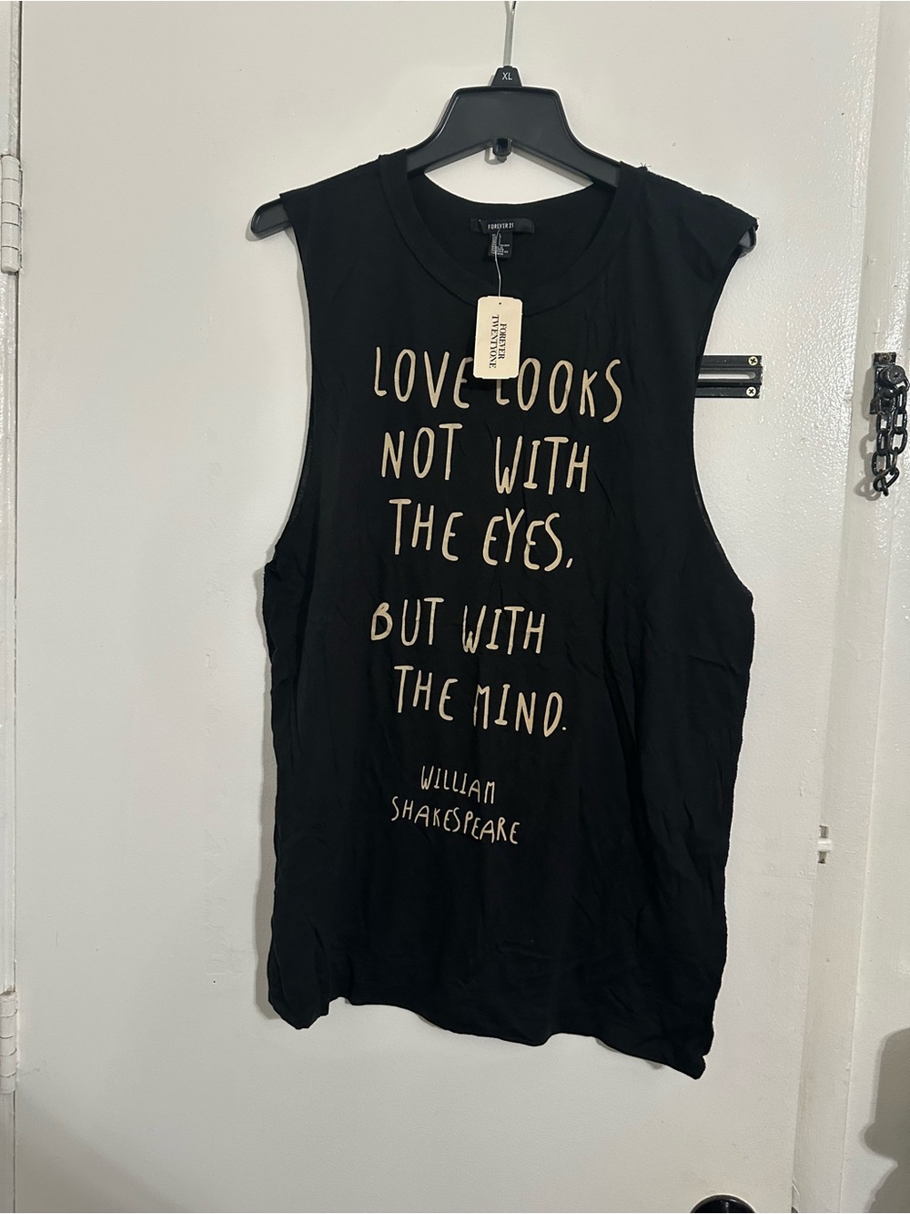 Forever 21 Black Muscle Tee with Beige Quote Print